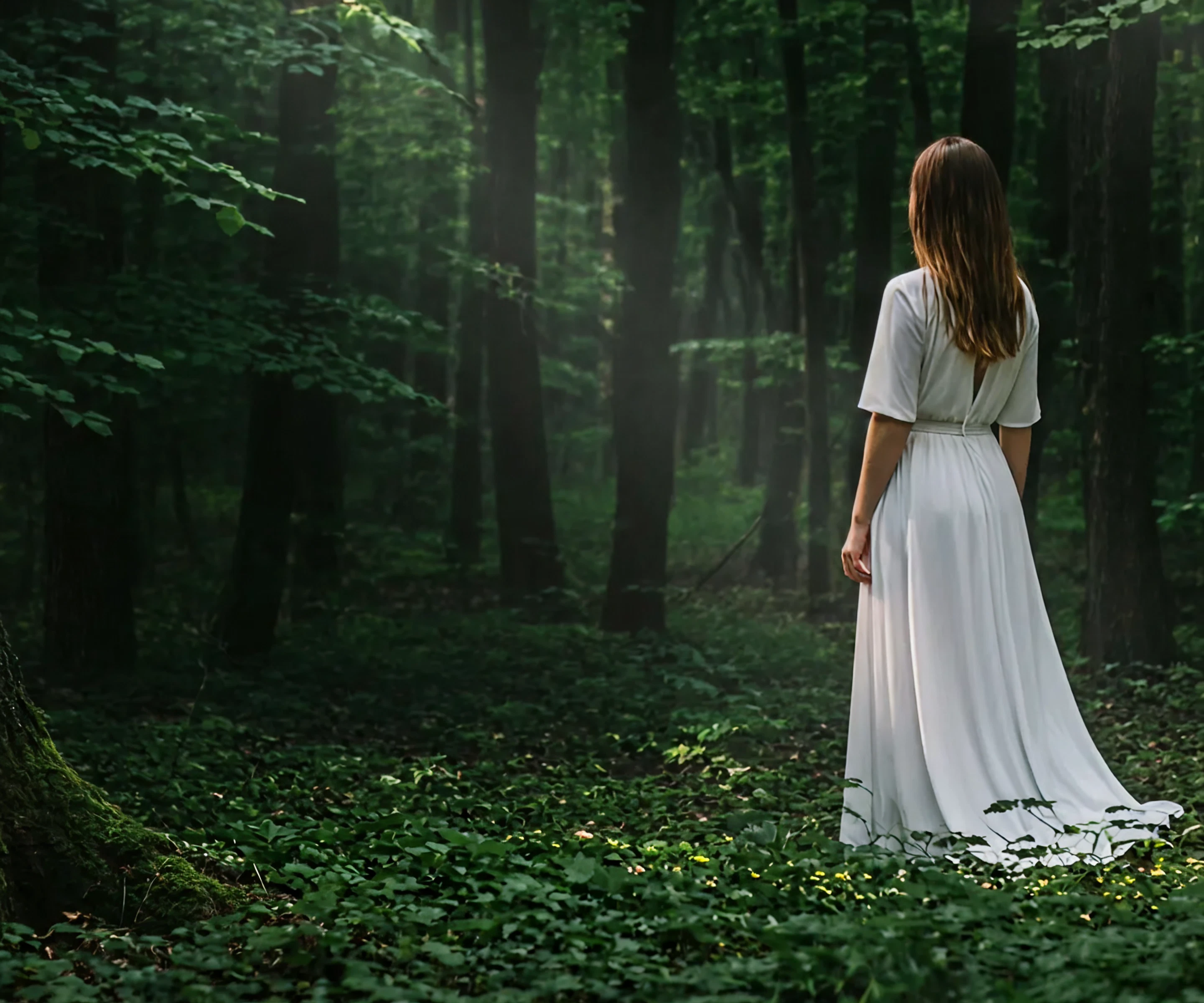 Woman in forest white dress